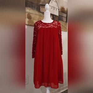 Love Reign Red Lace Sleeve Chiffon Swing Dress